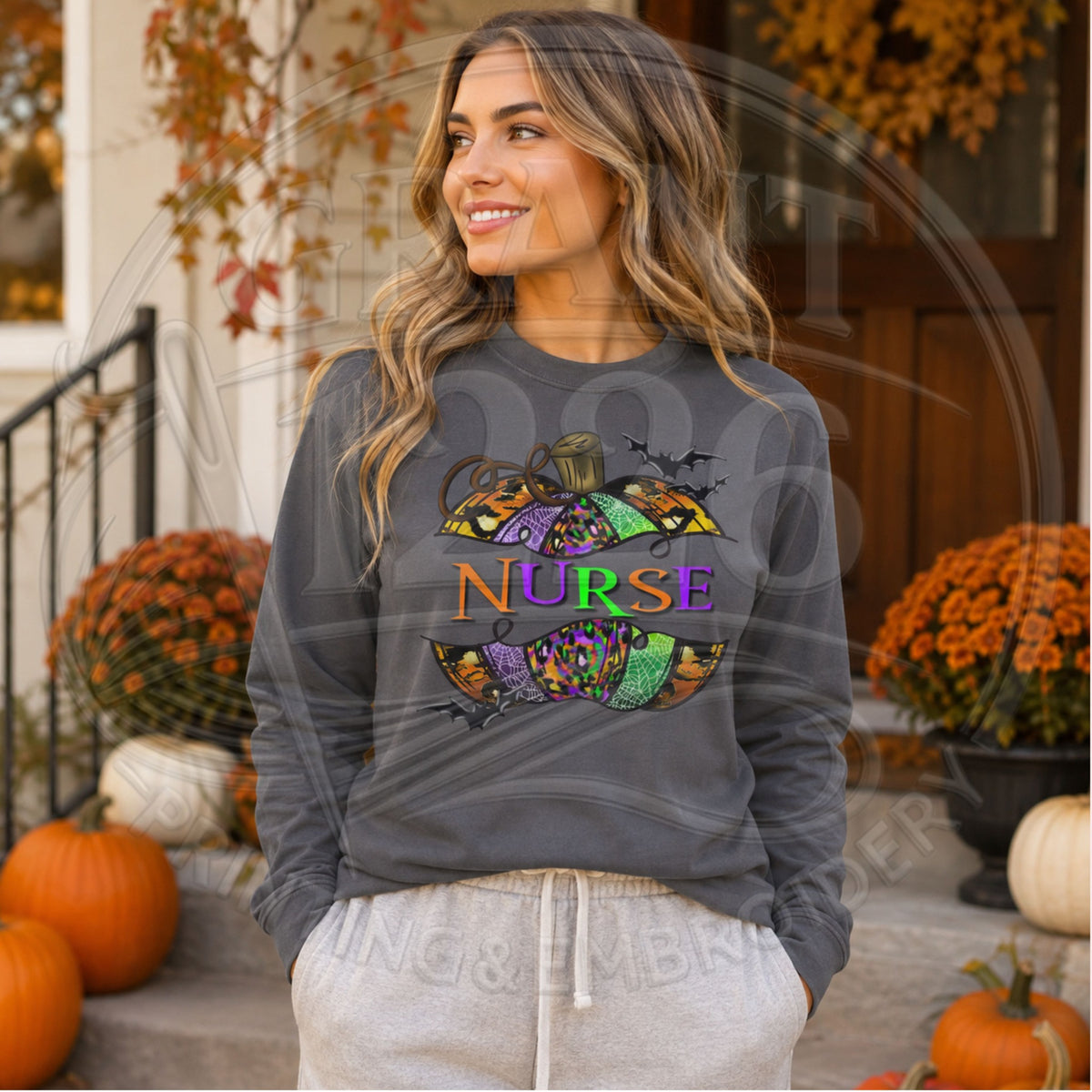 Comfort Colors Pepper long sleeve Halloween nurse shirt with patterned pumpkin and bats