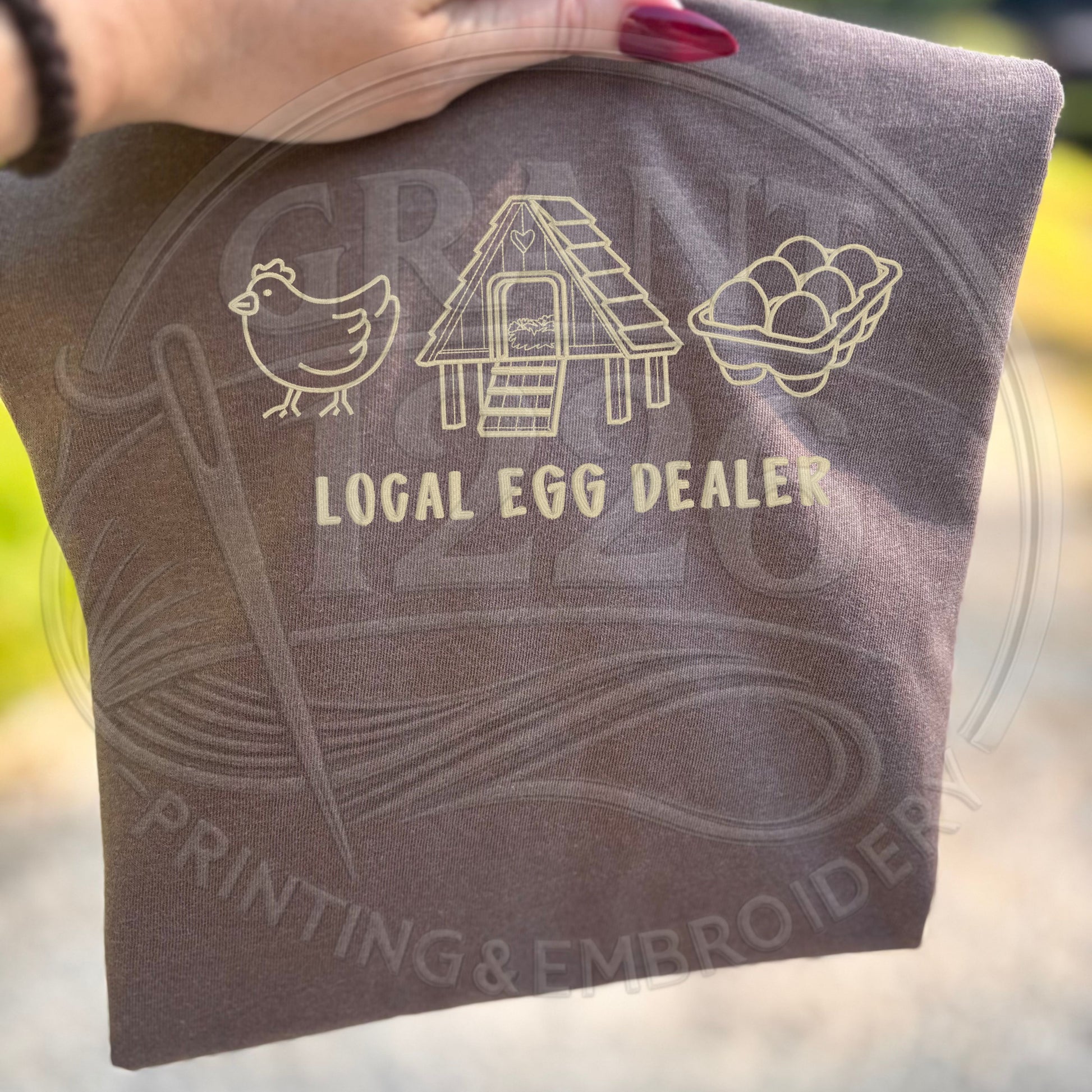 espresso brown hobby farm embroidered tshirt