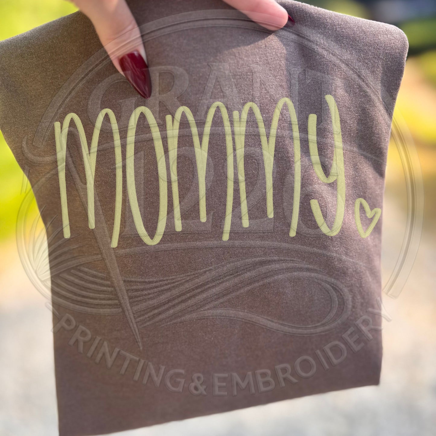 Comfort Colors espresso mommy shirt embroidered design