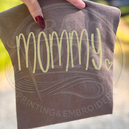 Comfort Colors espresso mommy shirt embroidered design