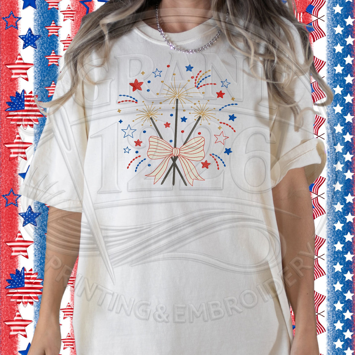 Ivory Comfort Colors patriotic T-shirt with embroidered fireworks bow design