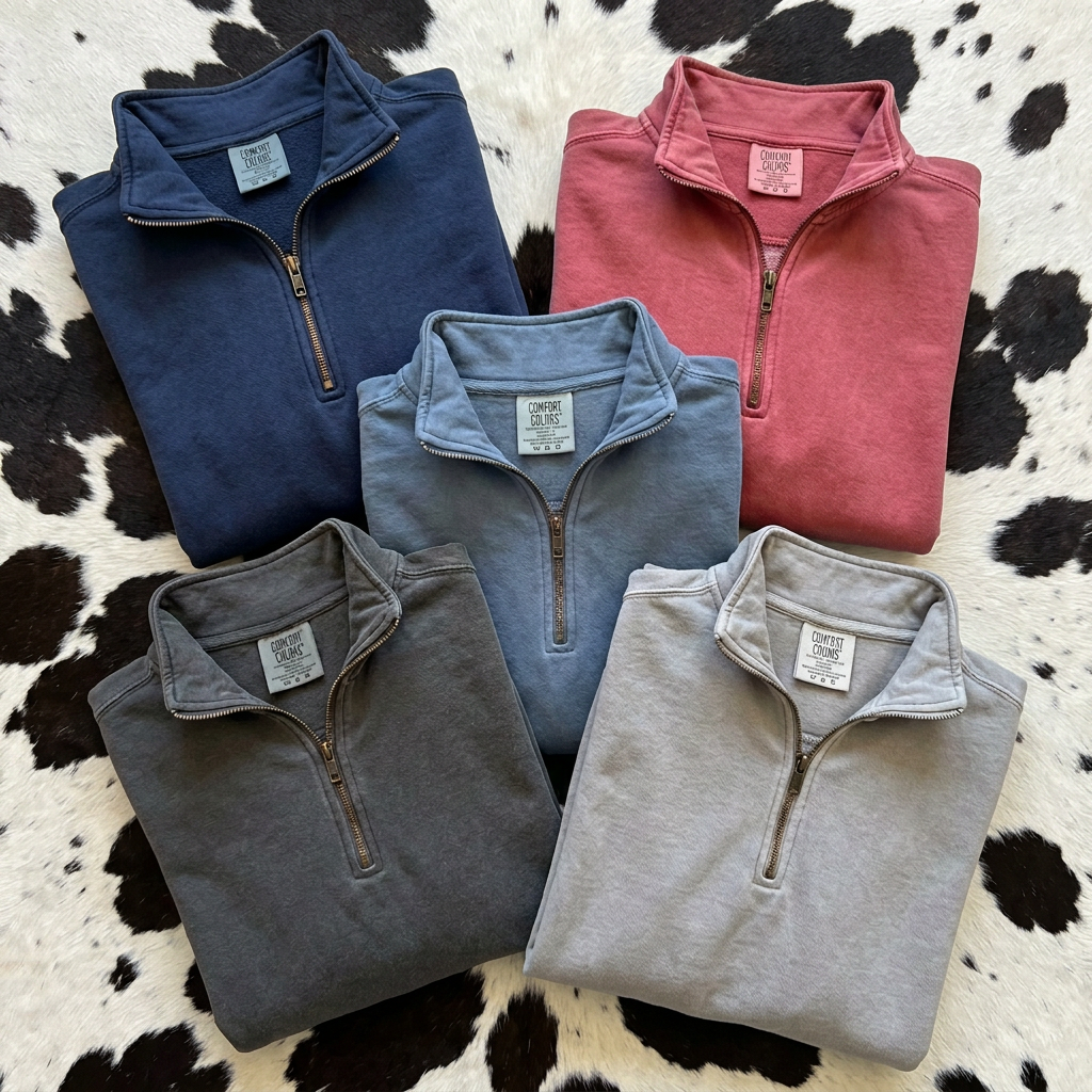 Comfort Colors G1580 quarter zip color reference in True Navy Crimson Blue Jean Pepper and Grey