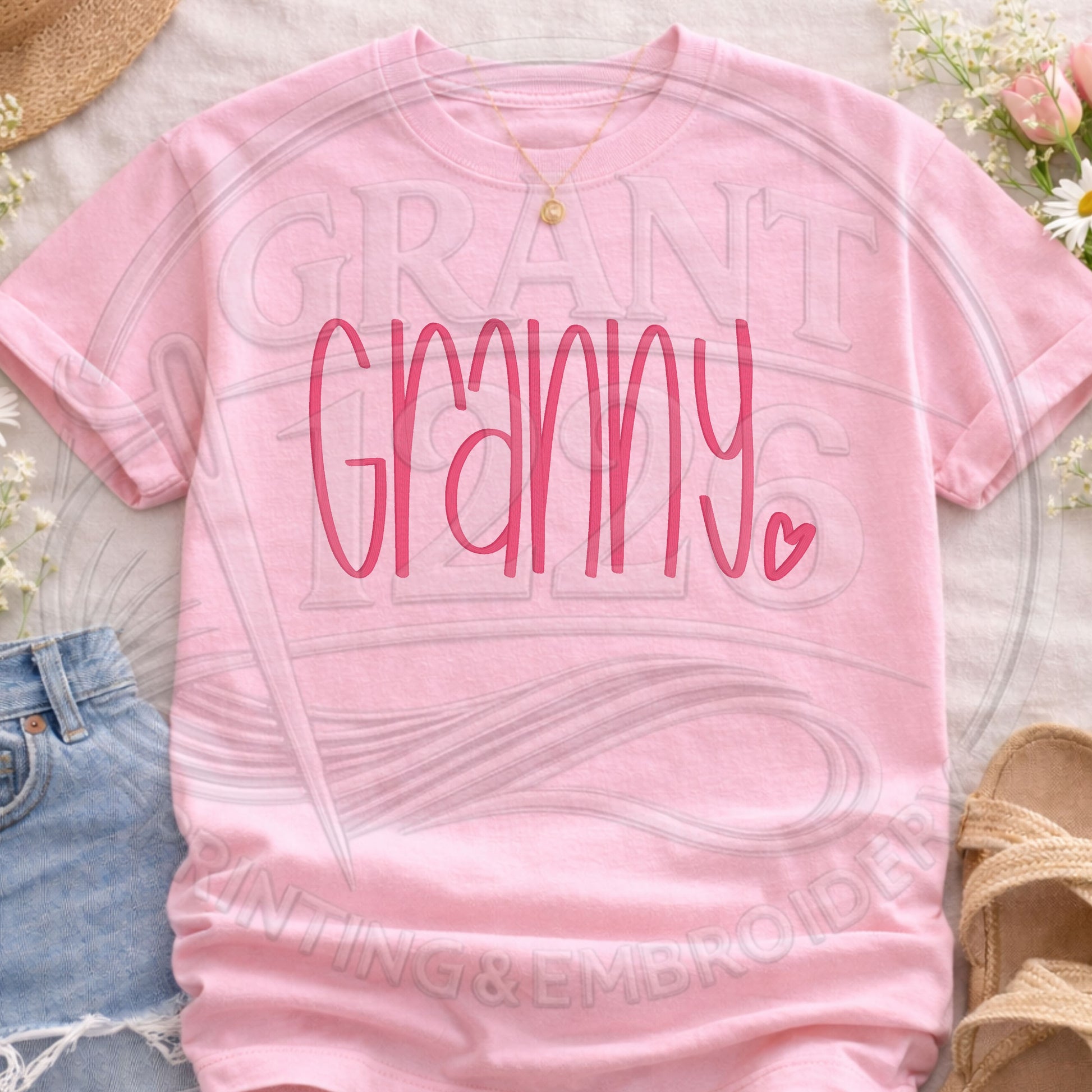 Pink Comfort Colors granny embroidered shirt flat lay aesthetic grandma gift tee