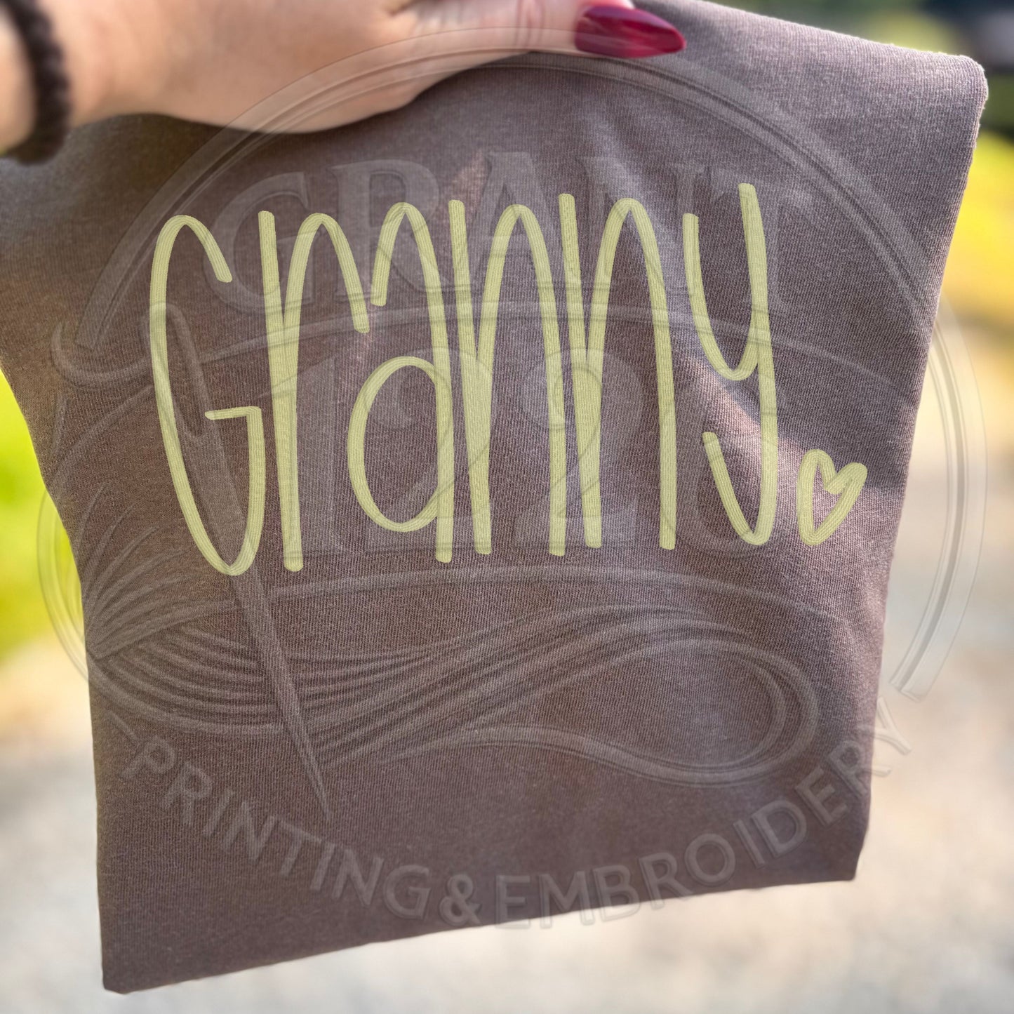 Folded espresso granny comfort colors embroidery shirt lifestyle mockup