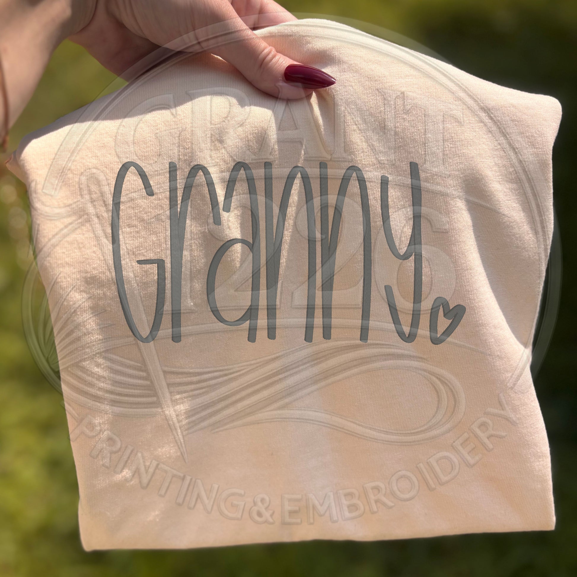 Ivory granny embroidered comfort colors grandma shirt folded mockup