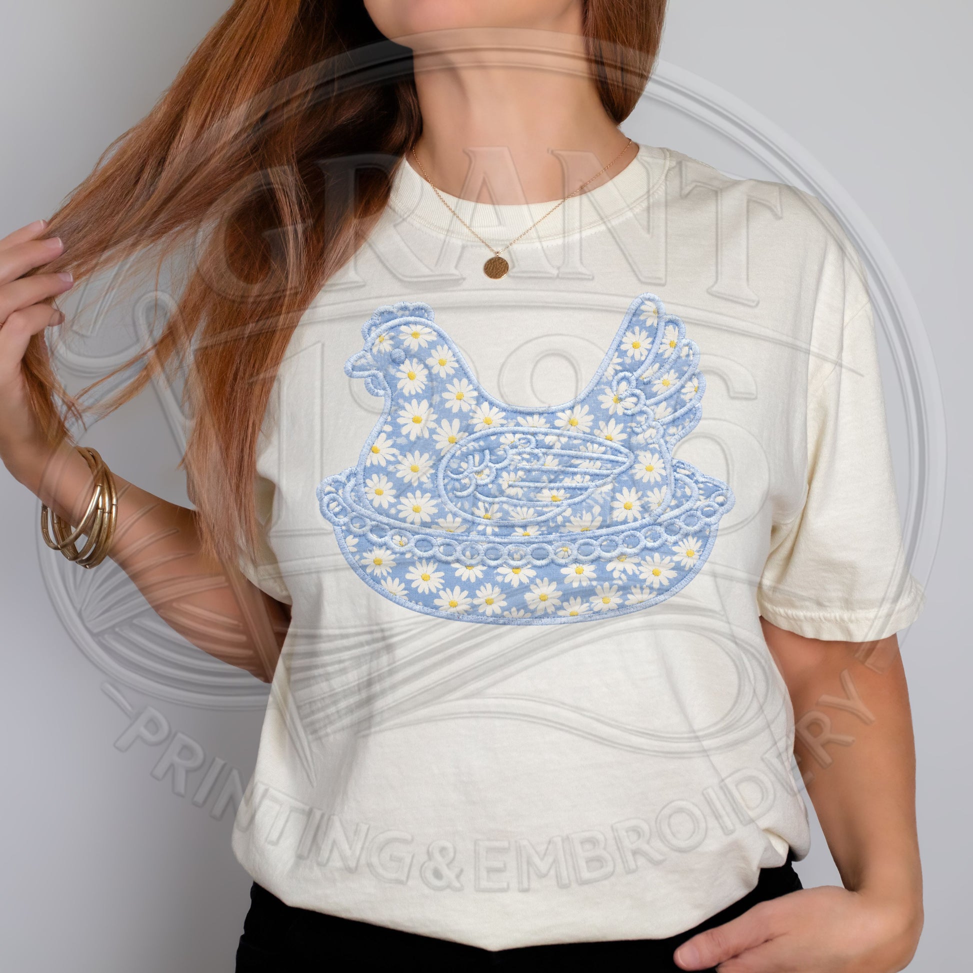 Ivory Comfort Colors floral chicken applique embroidered t-shirt