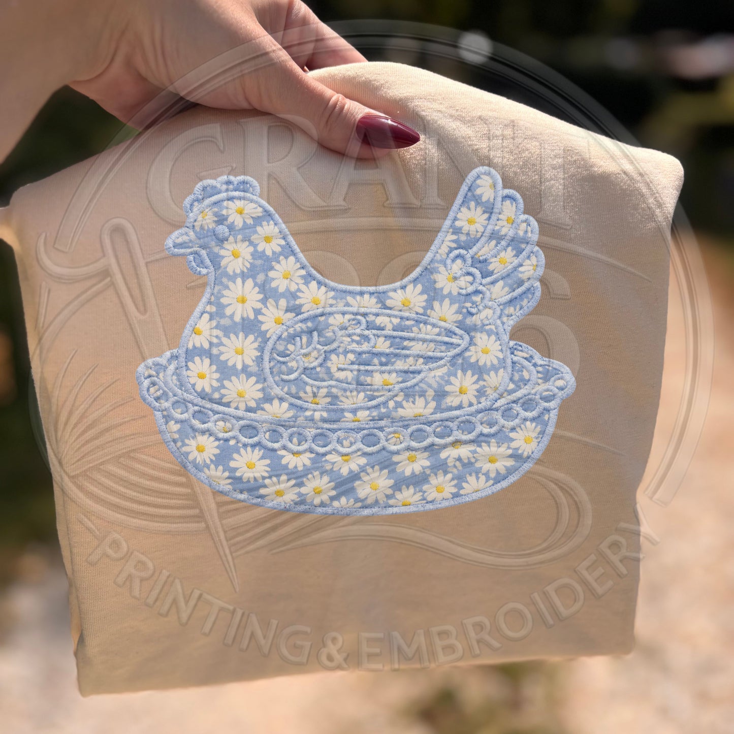 Ivory farmhouse chicken applique embroidered shirt outdoors