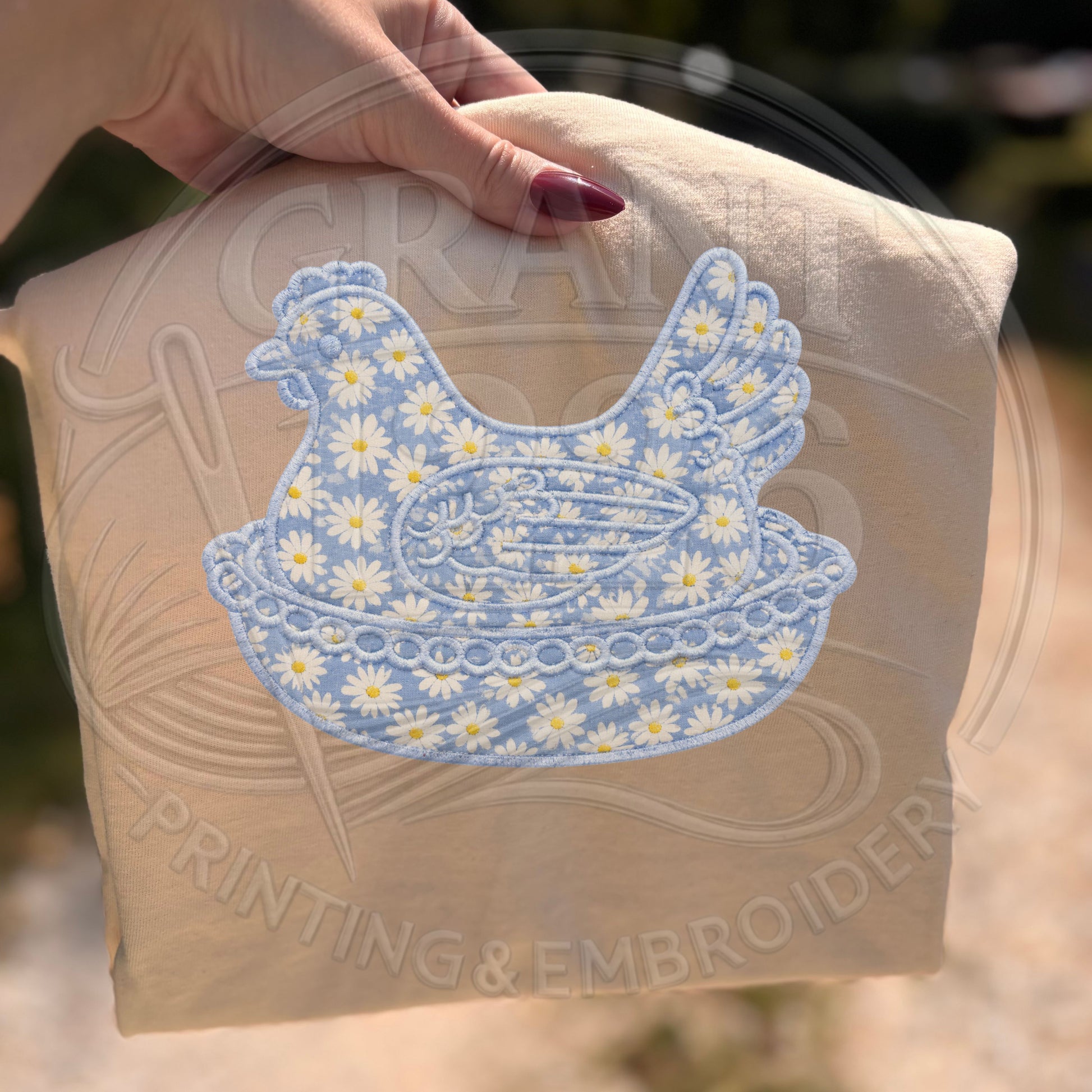 Ivory farmhouse chicken applique embroidered shirt outdoors