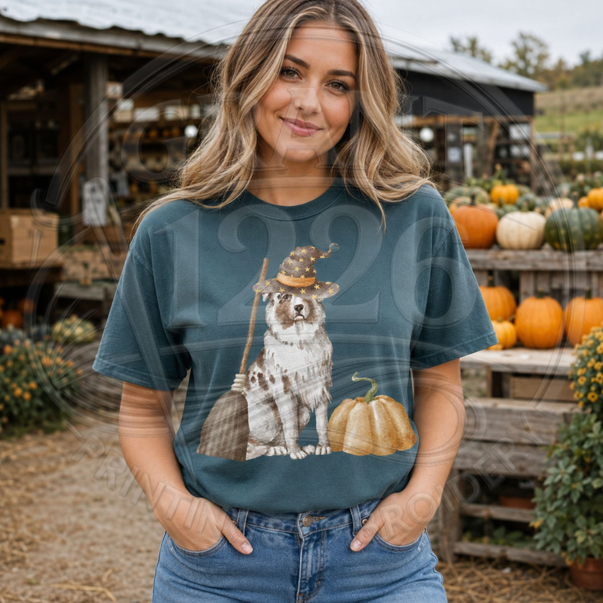 Blue Spruce Australian Shepherd witch Halloween shirt at pumpkin patch
