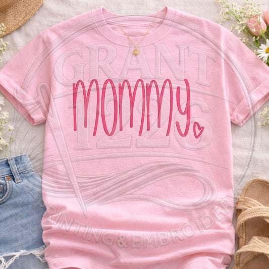 Pink embroidered mommy shirt on Comfort Colors tee