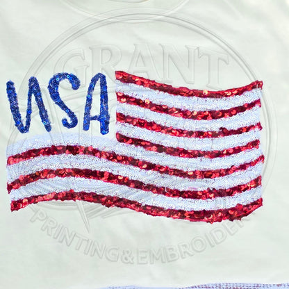 Patriotic Comfort Colors shirt photographed in natural outdoor lighting.