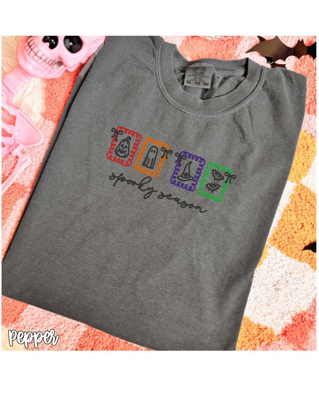 Pepper Comfort Colors embroidered Halloween icons short-sleeve shirt flat lay