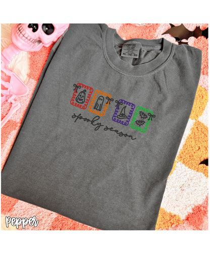 Pepper Comfort Colors embroidered Halloween icons short-sleeve shirt flat lay