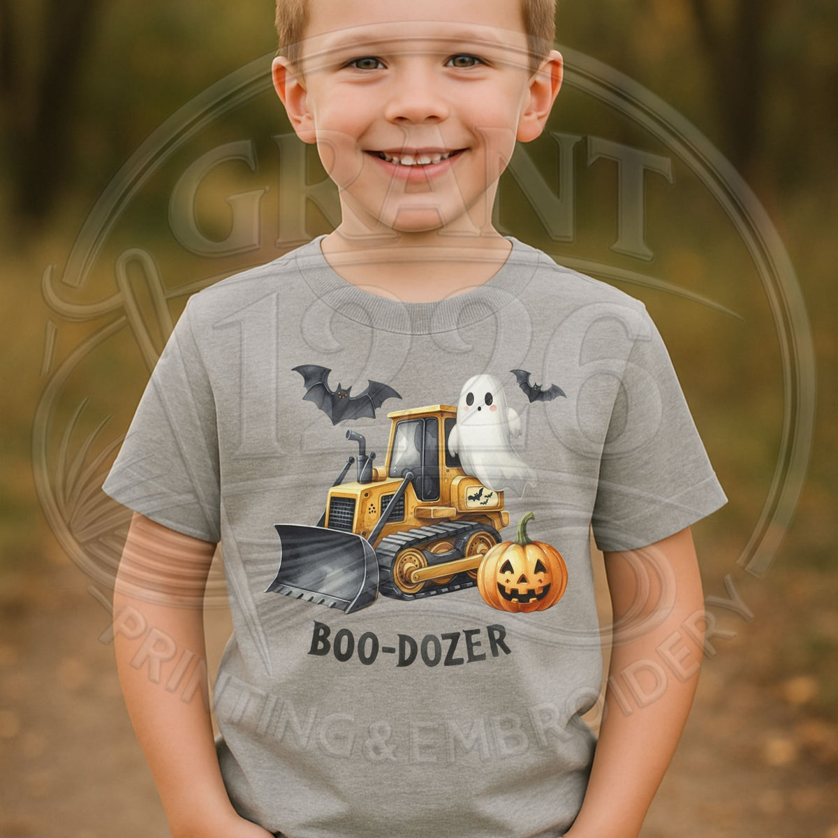 Child wearing Sport Grey Boo-Dozer ghost bulldozer Halloween shirt