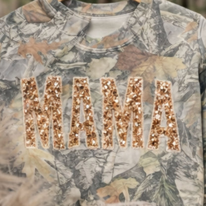Camouflage shirt with 'MAMA' in gold sequins on a camo crewneck

