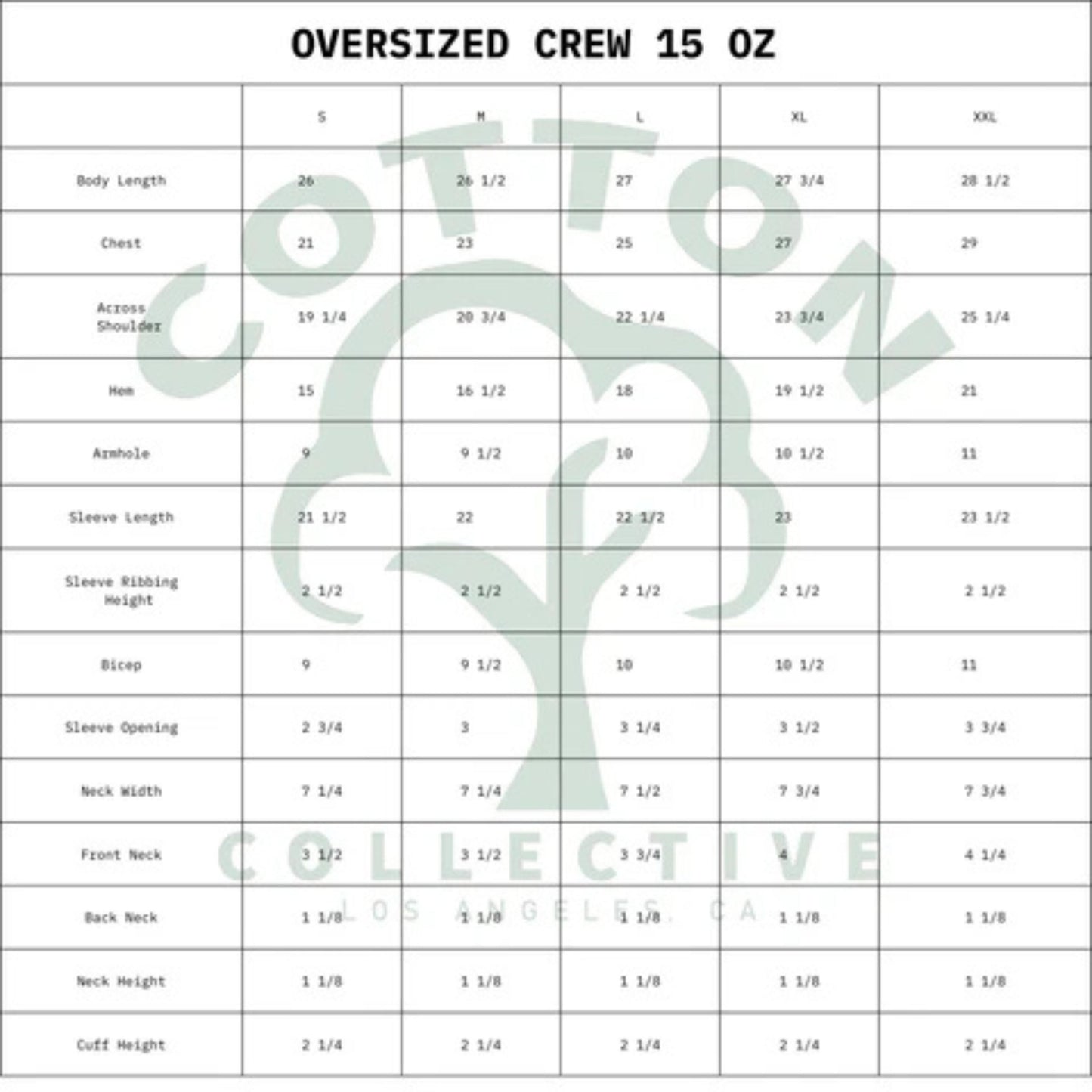 Cotton Collective measurement chart for oversized crew shirts