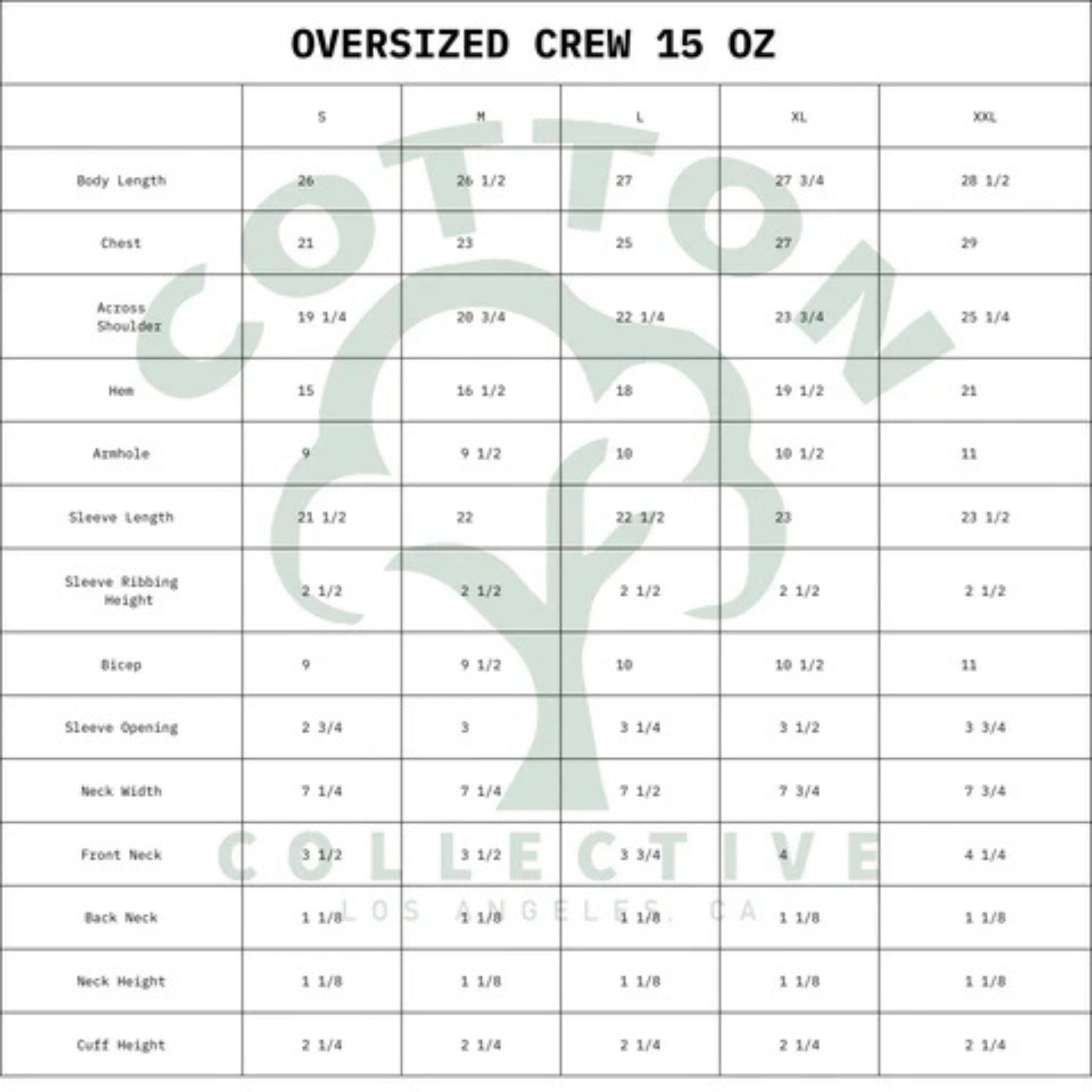Cotton Collective measurement chart for oversized crew shirts