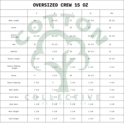Cotton Collective measurement chart for oversized crew shirts