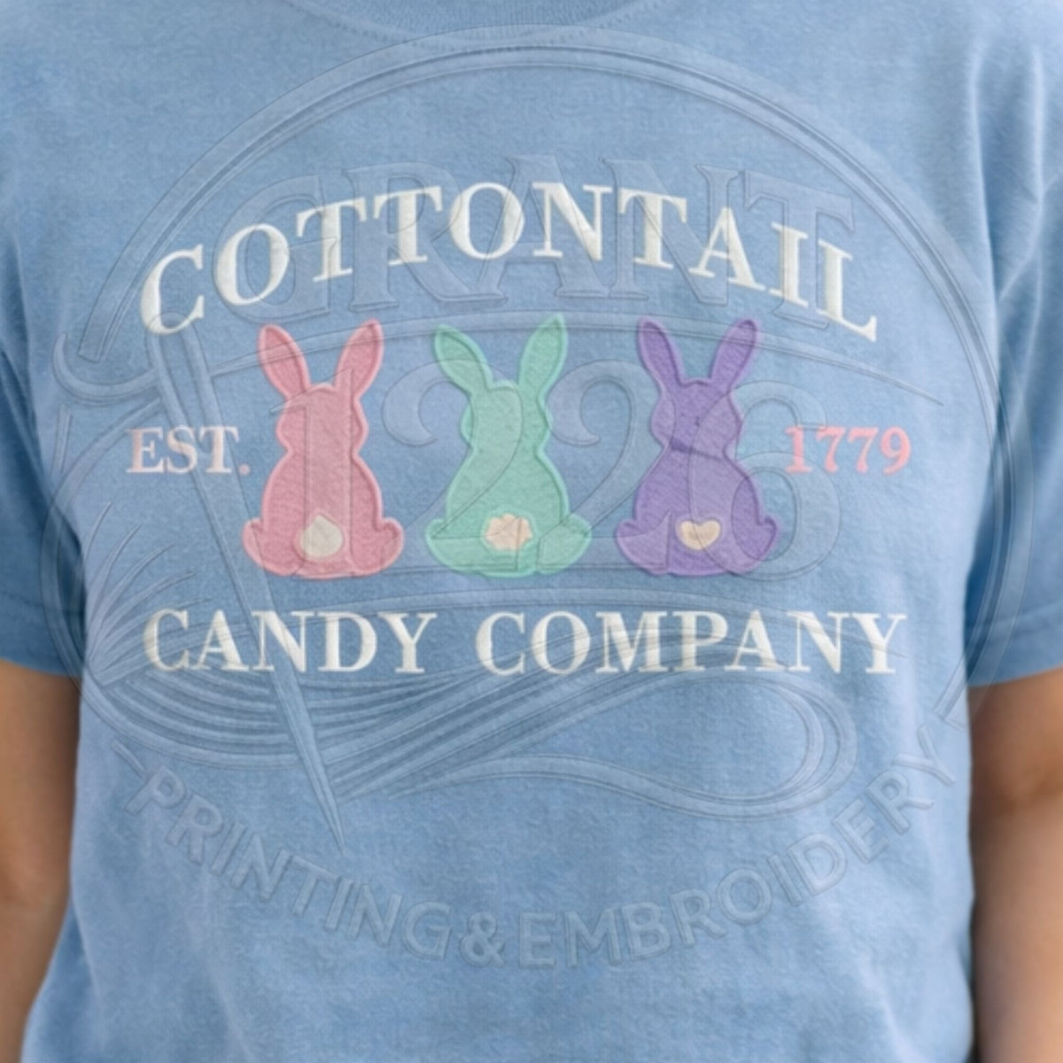 Cottontail Candy Company Easter bunny tee in Chambray blue