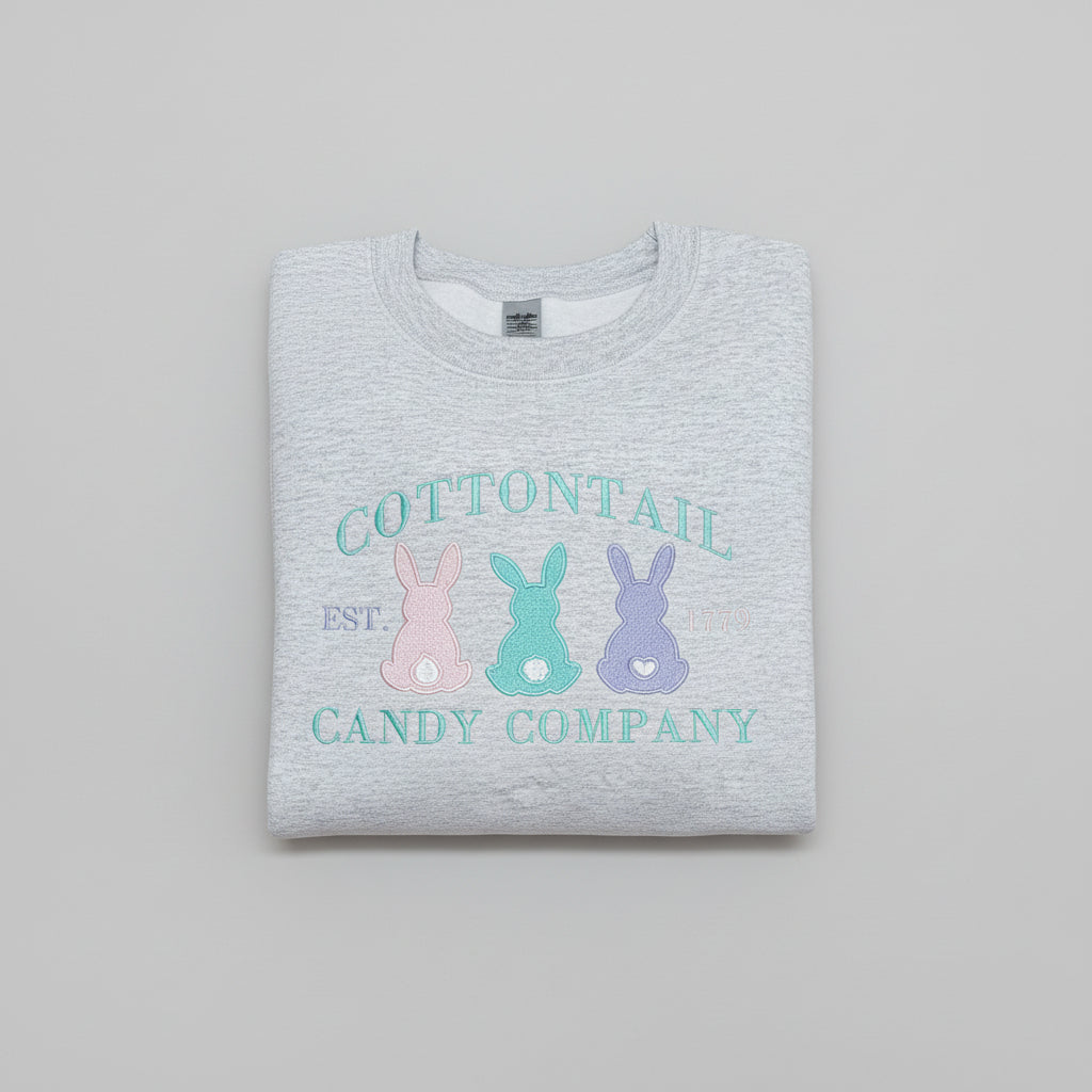 Ash grey Cottontail Candy Company embroidered bunny sweatshirt