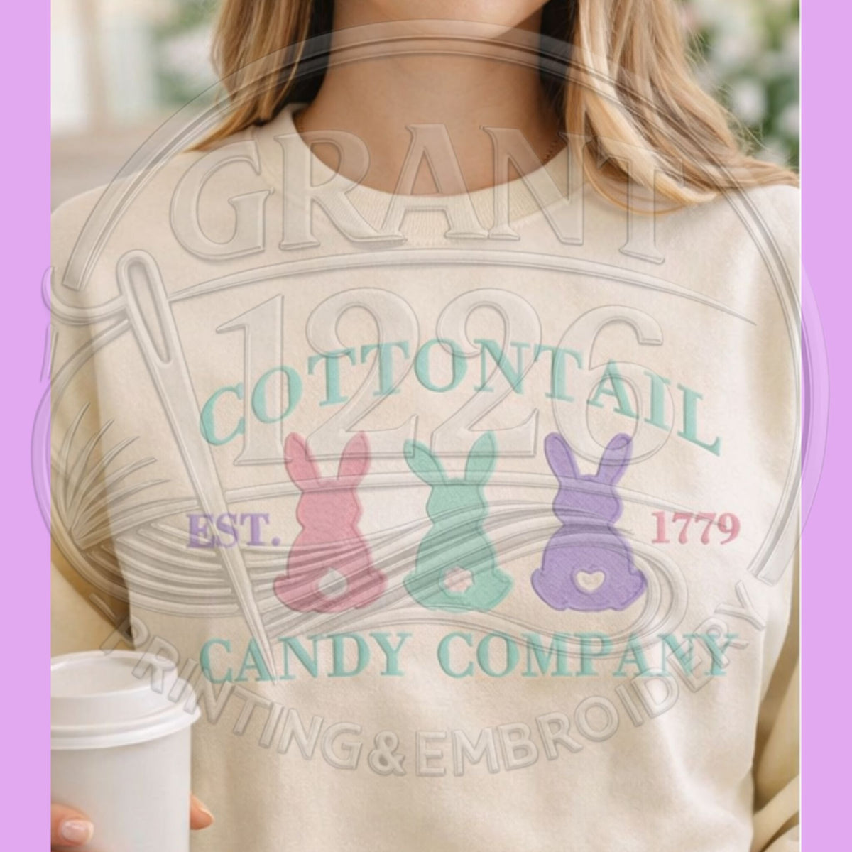 Cottontail Candy Company embroidered Easter sweatshirt in Sand
