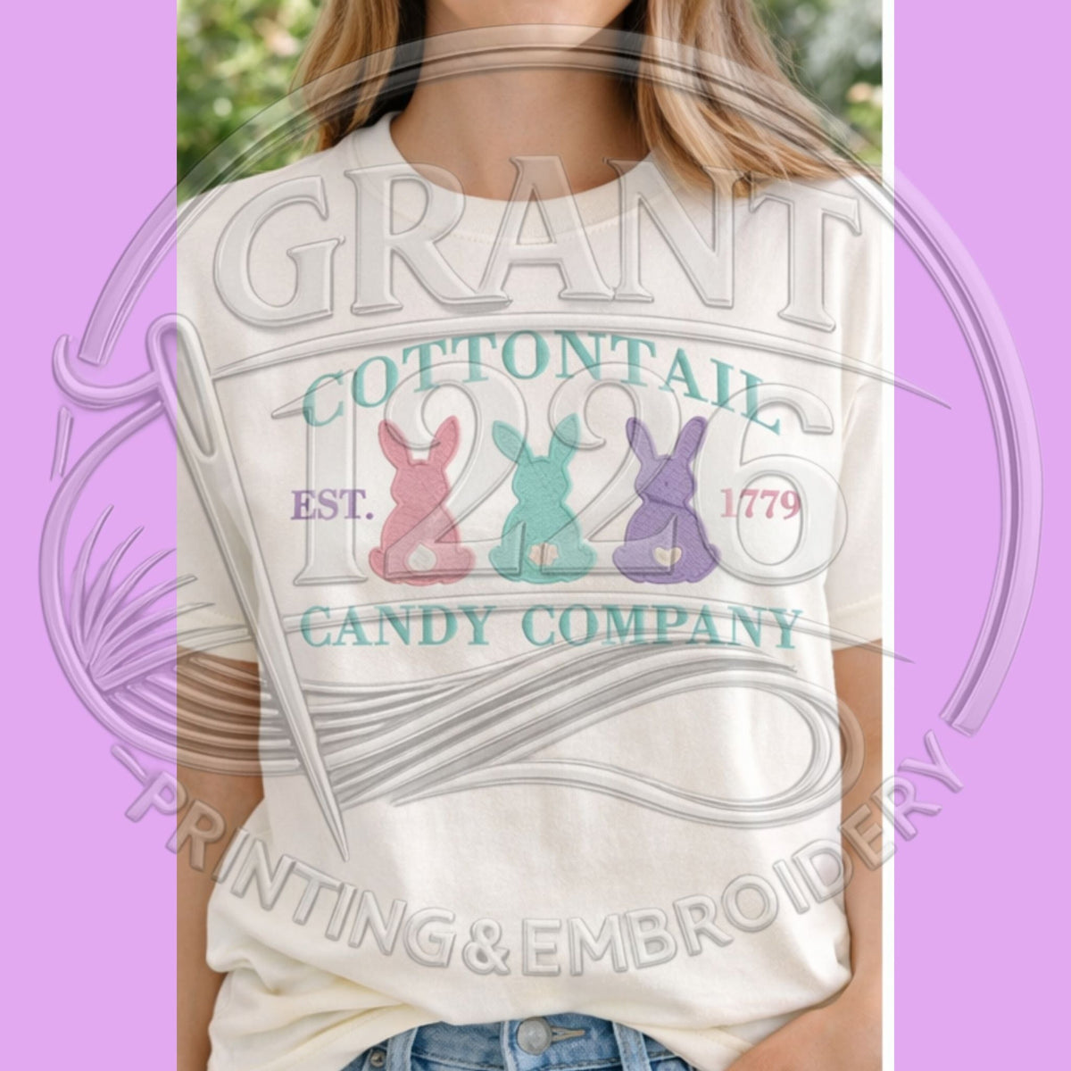 Cottontail Candy Company embroidered bunny shirt in Ivory Comfort Colors
