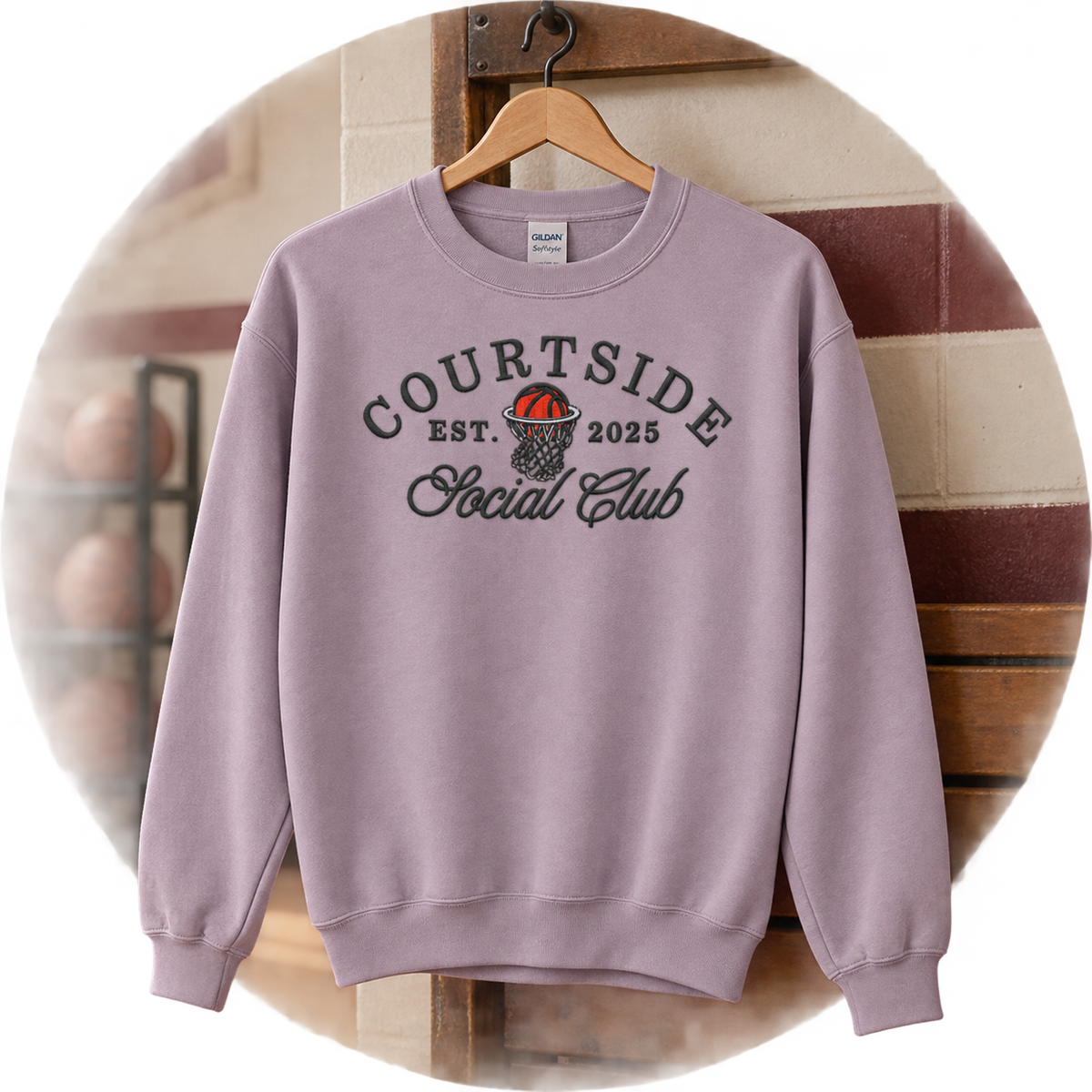 Paragon Courtside Social Club sweatshirt hanging in a vintage school gym