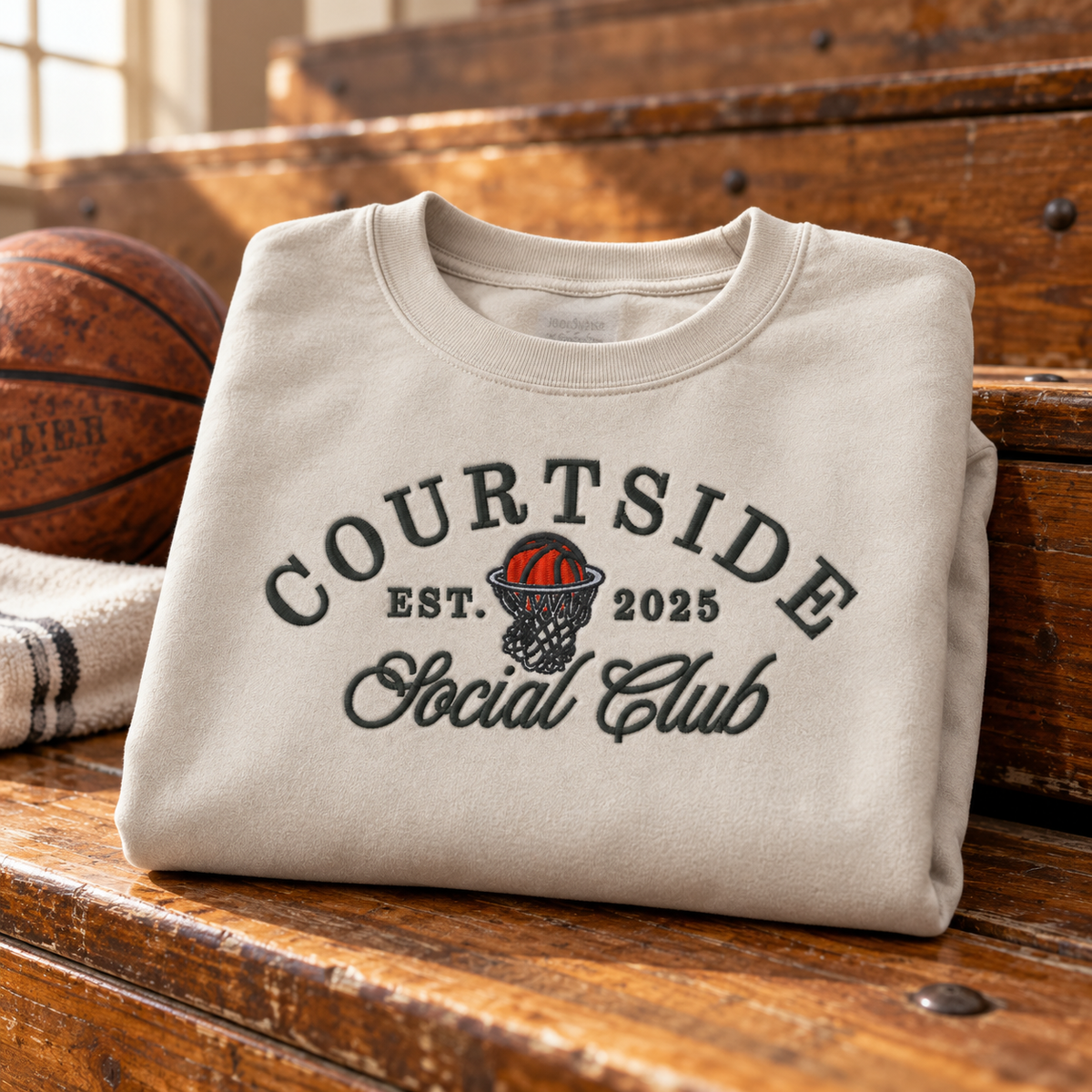 Folded Sand embroidered basketball sweatshirt on vintage gym bleachers