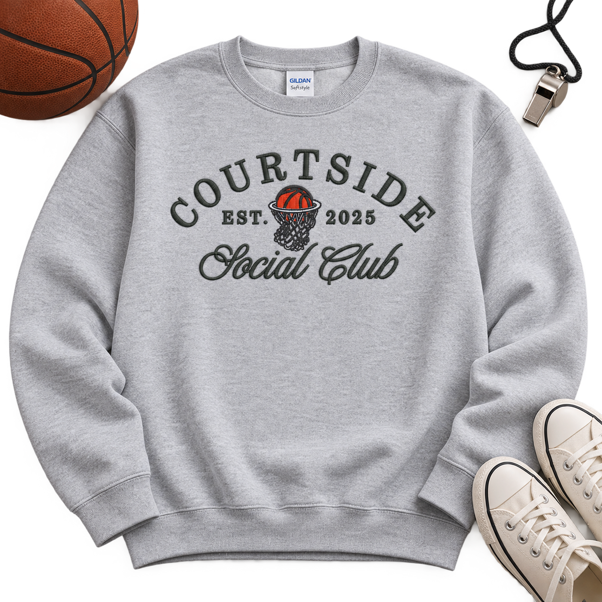 Sport Grey Courtside Social Club embroidered sweatshirt flat lay with basketball