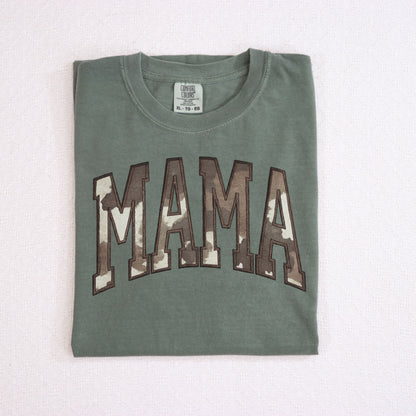 sage green embroidered western mama tee with cow print applique