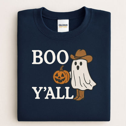 Folded Navy Gildan crewneck showing the embroidered cowboy ghost design