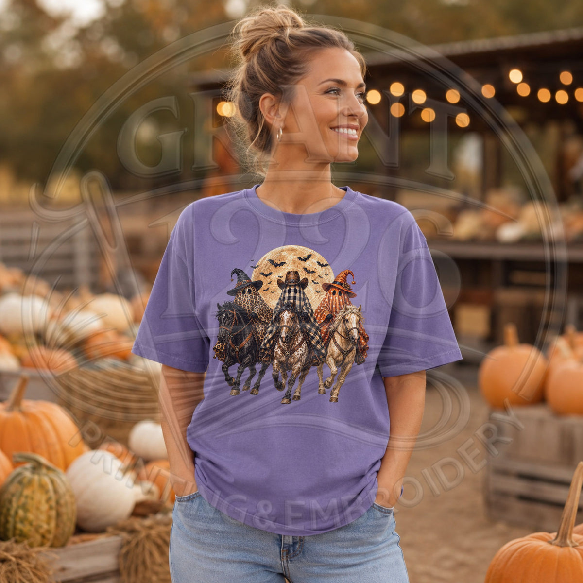 Grape Comfort Colors short-sleeve western ghost horse Halloween shirt at a pumpkin patch