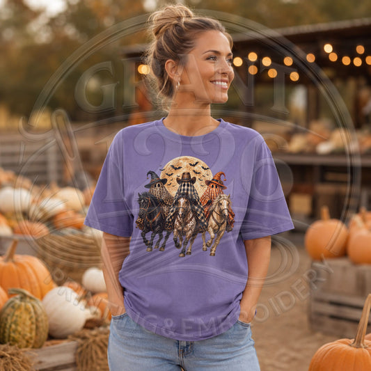 Grape Comfort Colors short-sleeve western ghost horse Halloween shirt at a pumpkin patch