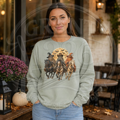 Sage Gildan crewneck sweatshirt with western Halloween ghost riders and horses