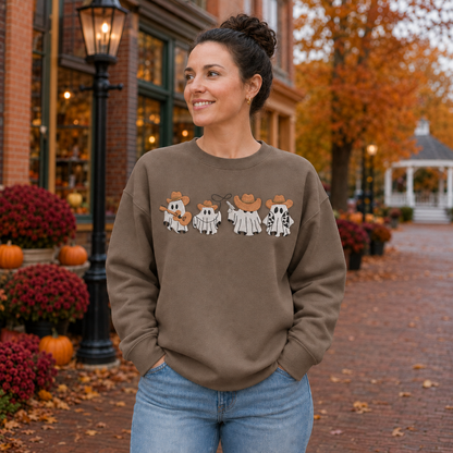 Woman wearing a Brown Savanna embroidered sweatshirt with four cowboy ghosts in an autumn town setting