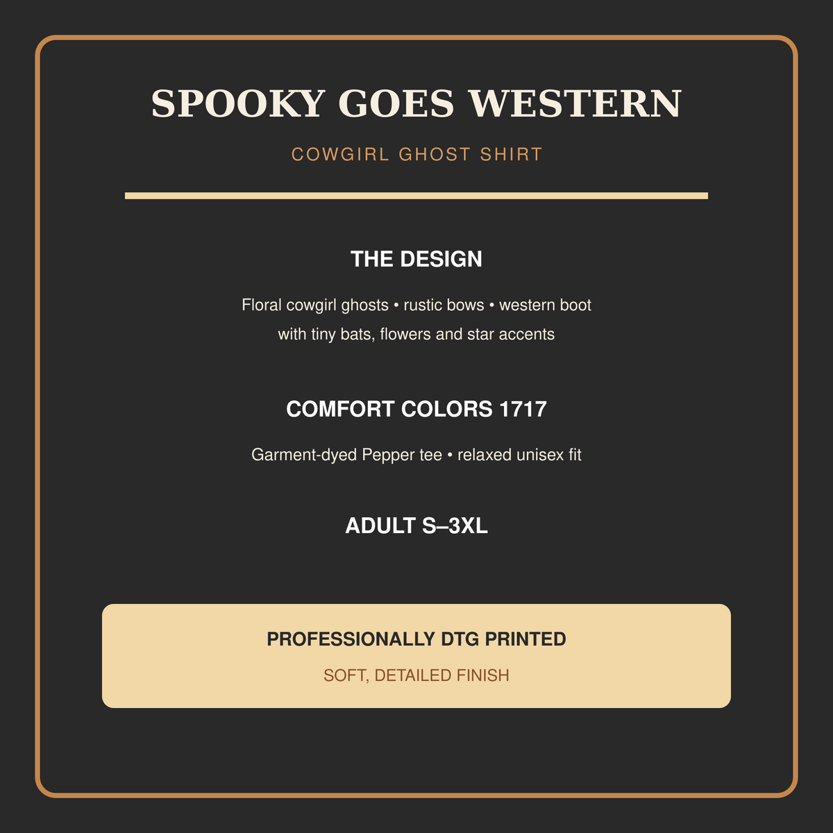 Product details for the Pepper Comfort Colors 1717 cowgirl ghost western Halloween shirt.