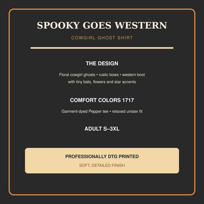 Product details for the Pepper Comfort Colors 1717 cowgirl ghost western Halloween shirt.