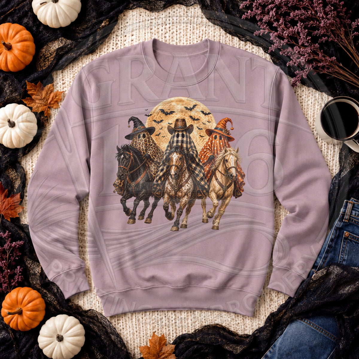 Paragon Gildan western ghost horse Halloween sweatshirt flat lay