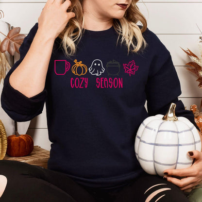 Navy Cozy Season embroidered sweatshirt with coffee mug, pumpkin, ghost, cauldron and leaf