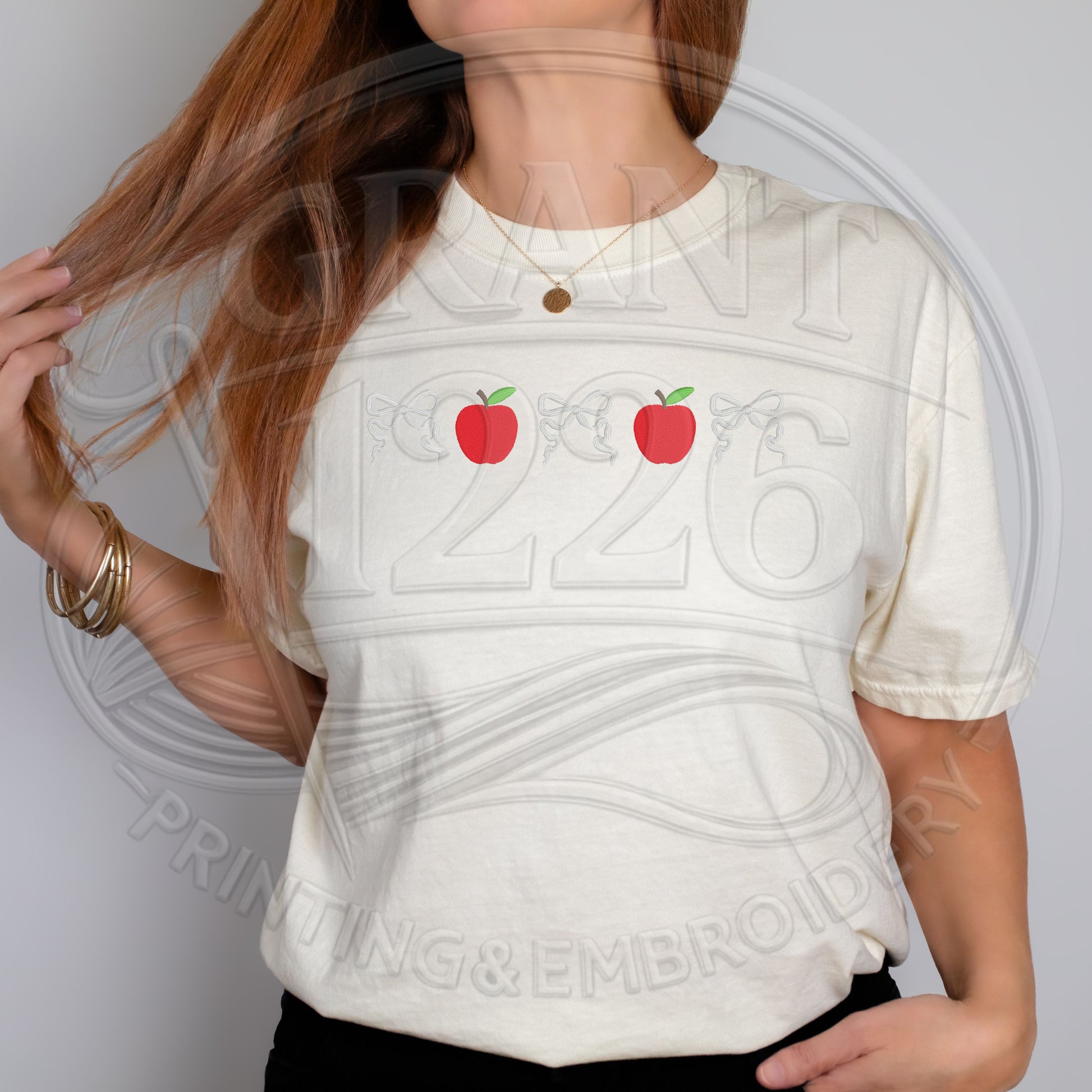 Cute coquette teacher shirt outfit with embroidered apple design