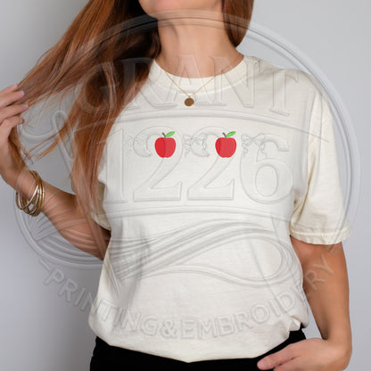 Cute coquette teacher shirt outfit with embroidered apple design