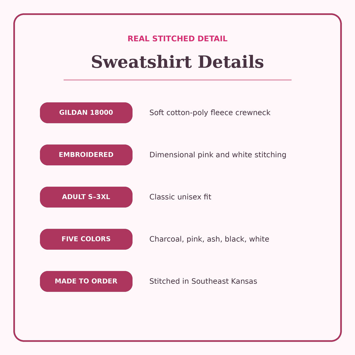 Cupid & Co crewneck details including Gildan 18000 fleece, embroidery, colors, and adult sizing.