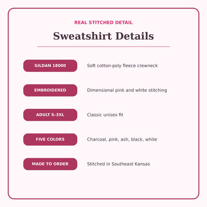 Cupid & Co crewneck details including Gildan 18000 fleece, embroidery, colors, and adult sizing.
