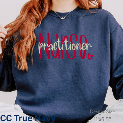 Model wearing pepper sweatshirt with custom APRN script embroidery