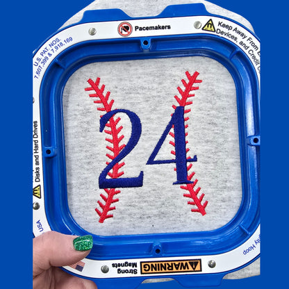 Close-up of embroidered baseball player number showing stitch detail and texture