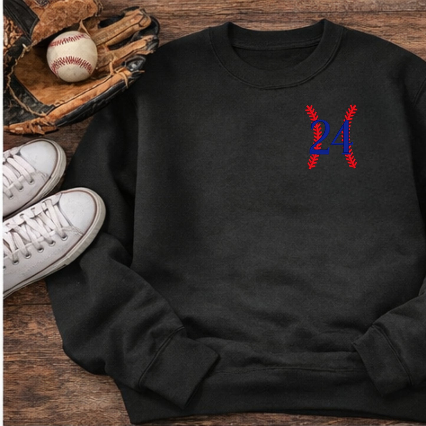 Personalized baseball number sweatshirt in black Gildan crewneck with left chest embroidery