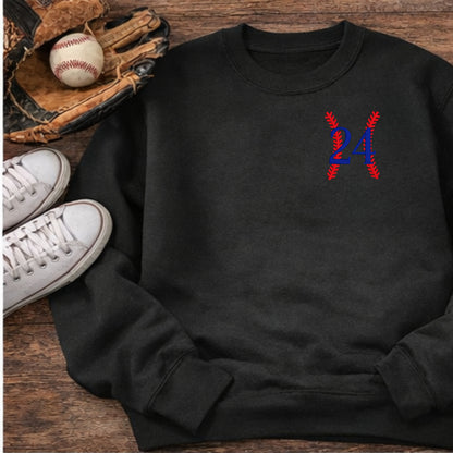 Personalized baseball number sweatshirt in black Gildan crewneck with left chest embroidery