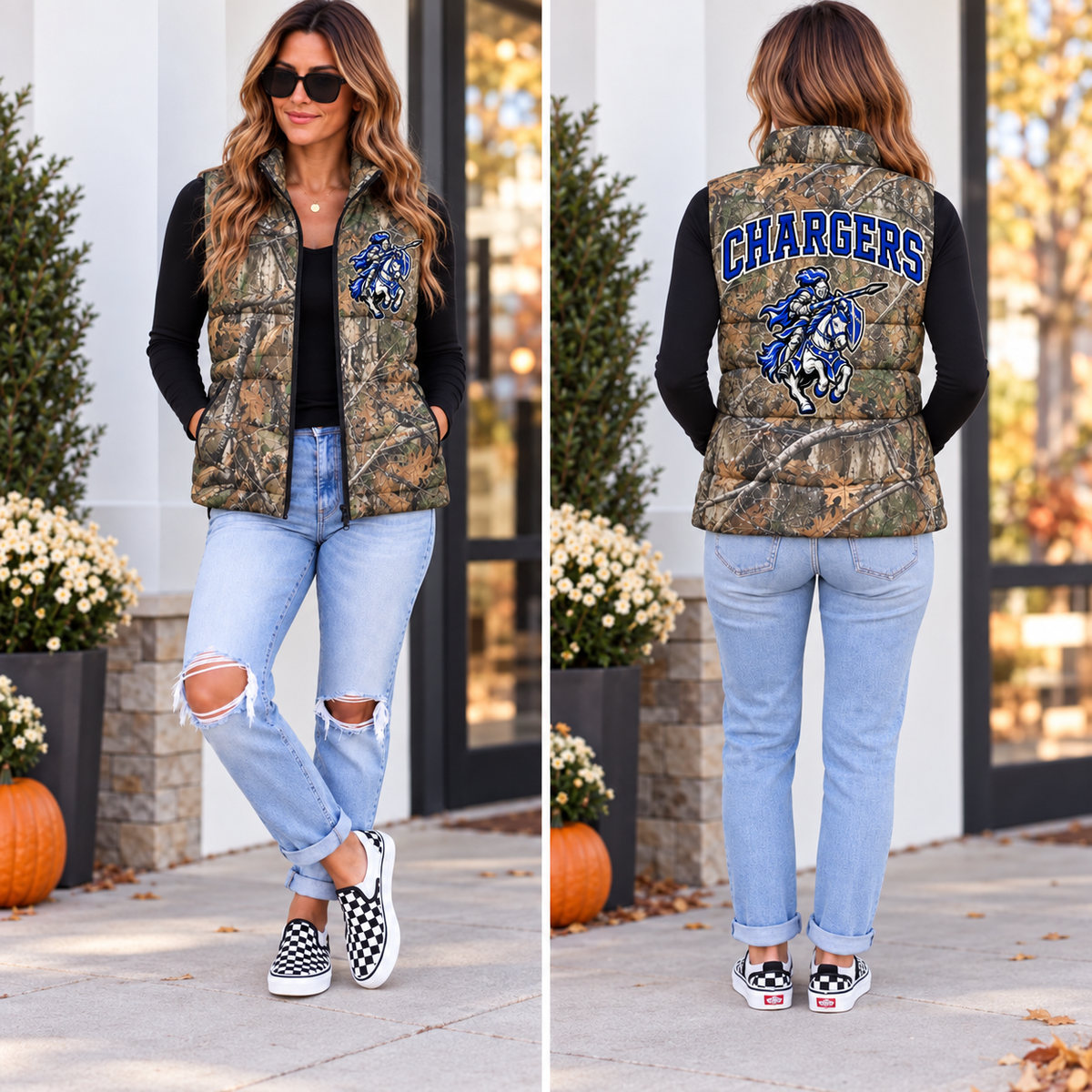 Custom woodland camouflage school spirit puffer vest with blue Chargers design shown from the front and back