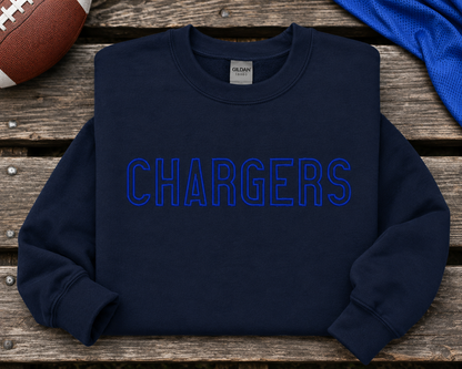 Navy custom Chargers outline puff embroidery Gildan sweatshirt football flat lay