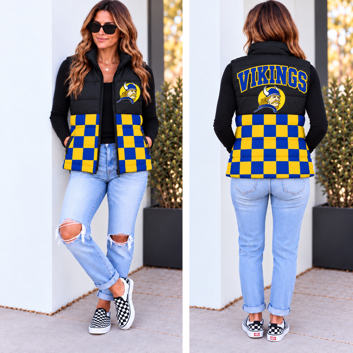 Custom blue and yellow checkered school spirit puffer vest shown from the front and back